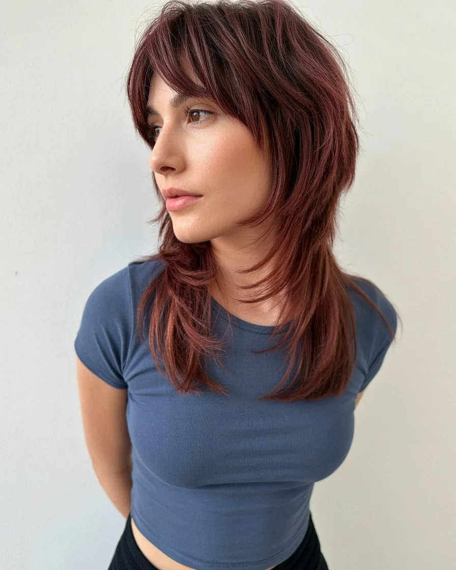 textured summer shag hairstyle 2026 Rich auburn shag with layered definition and natural flow