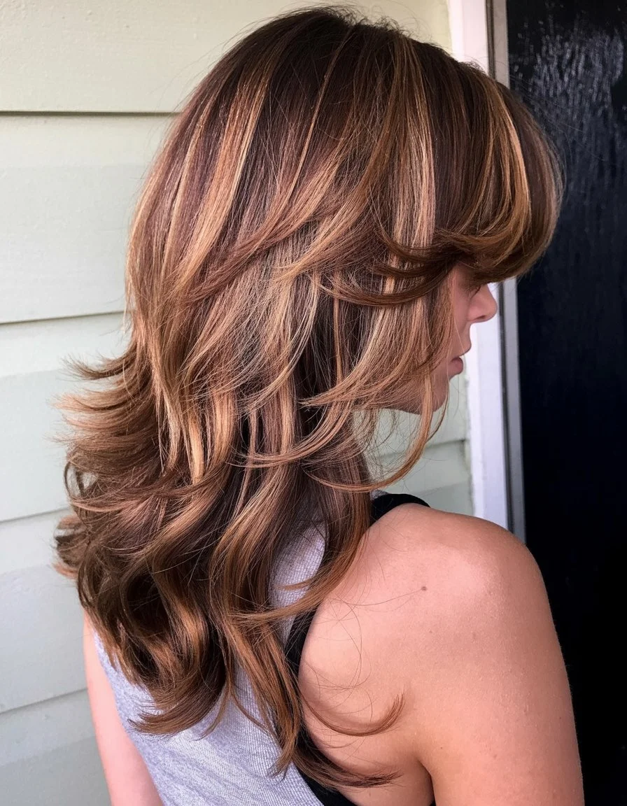 textured summer shag hairstyle 2026 Voluminous caramel shag with full bangs energy