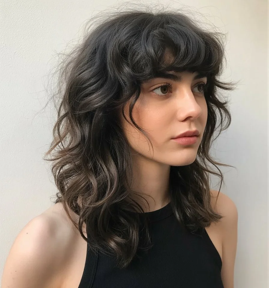 textured summer shag hairstyle 2026 Defined wavy shag with bold fringe and sculpted layers