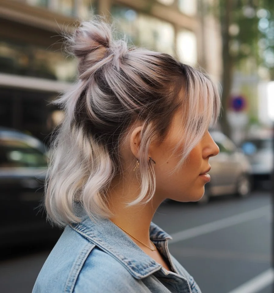 trendy summer hairstyles ideas 2026 messy bun with highlights