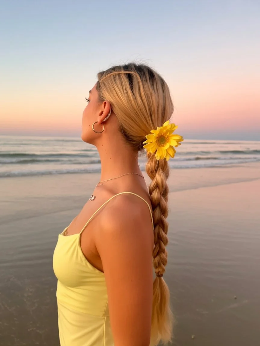 trendy summer hairstyles ideas 2026 low braid with flower