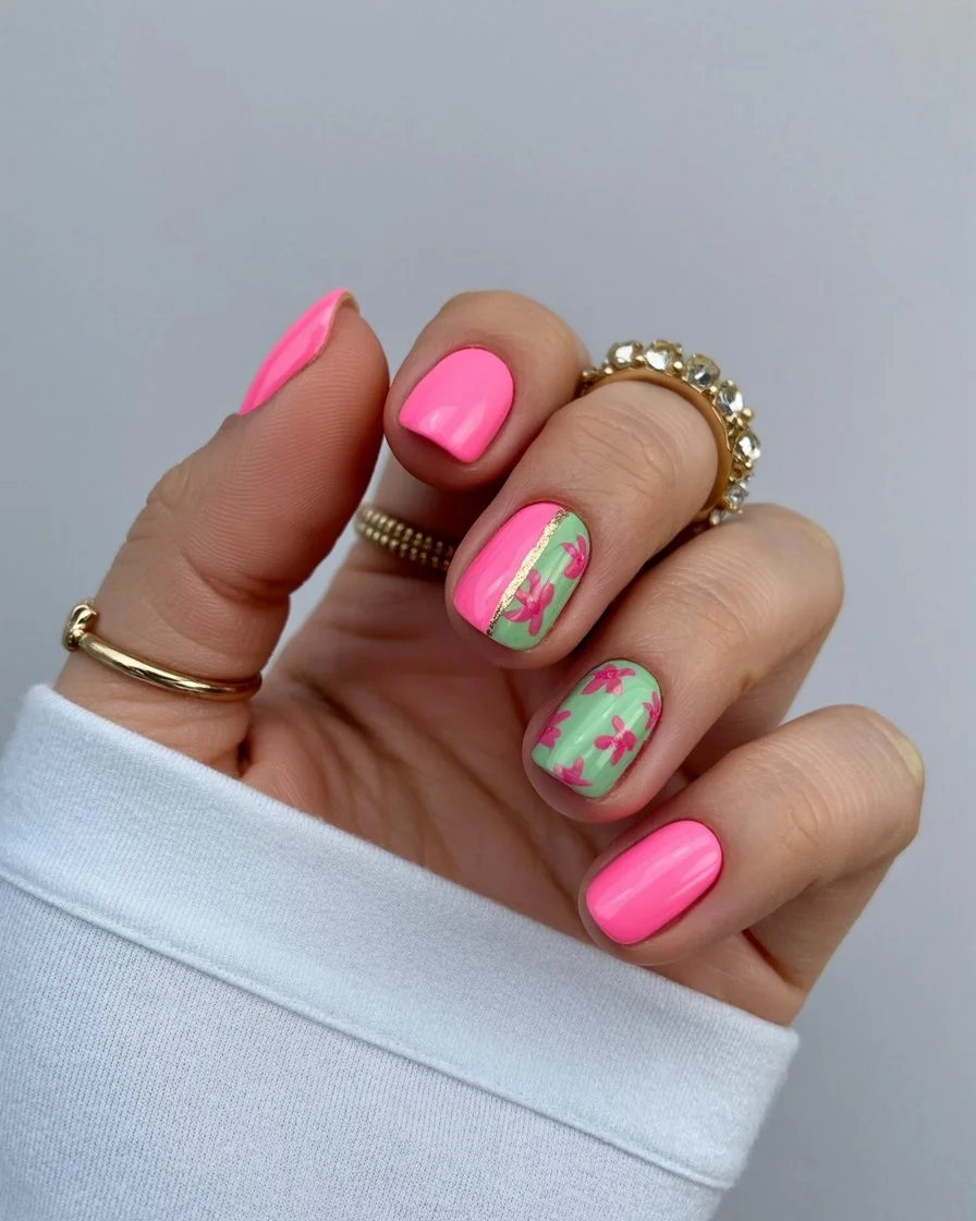 trendy summer nails 2026 Tropical Pink Blooms For Vacation Mood