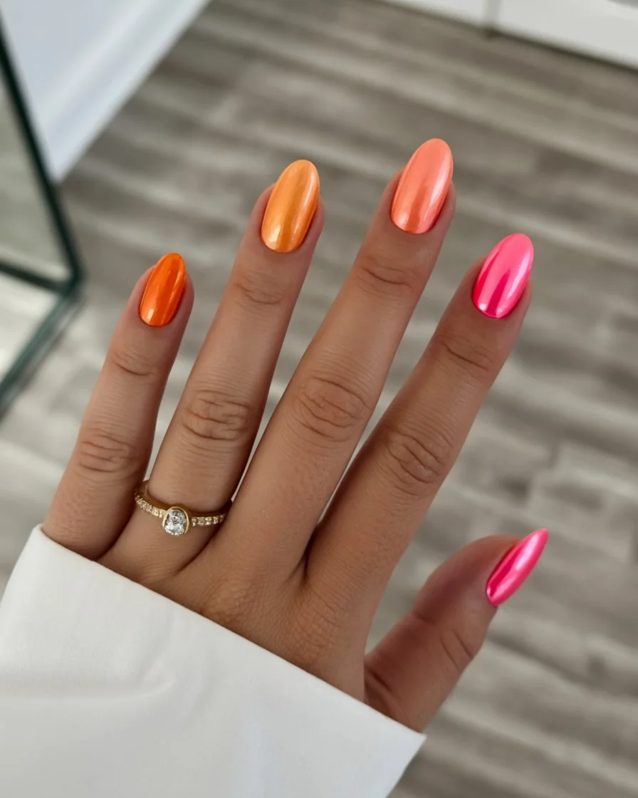 trendy summer nails 2026 Sunset Chrome Brights For Peak Summer Mood