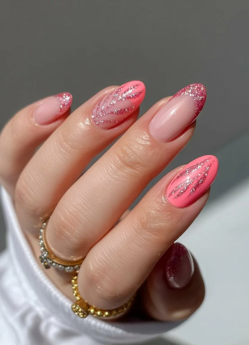 trendy summer nails 2026 Pink Sparkle Lines For Summer Night Energy
