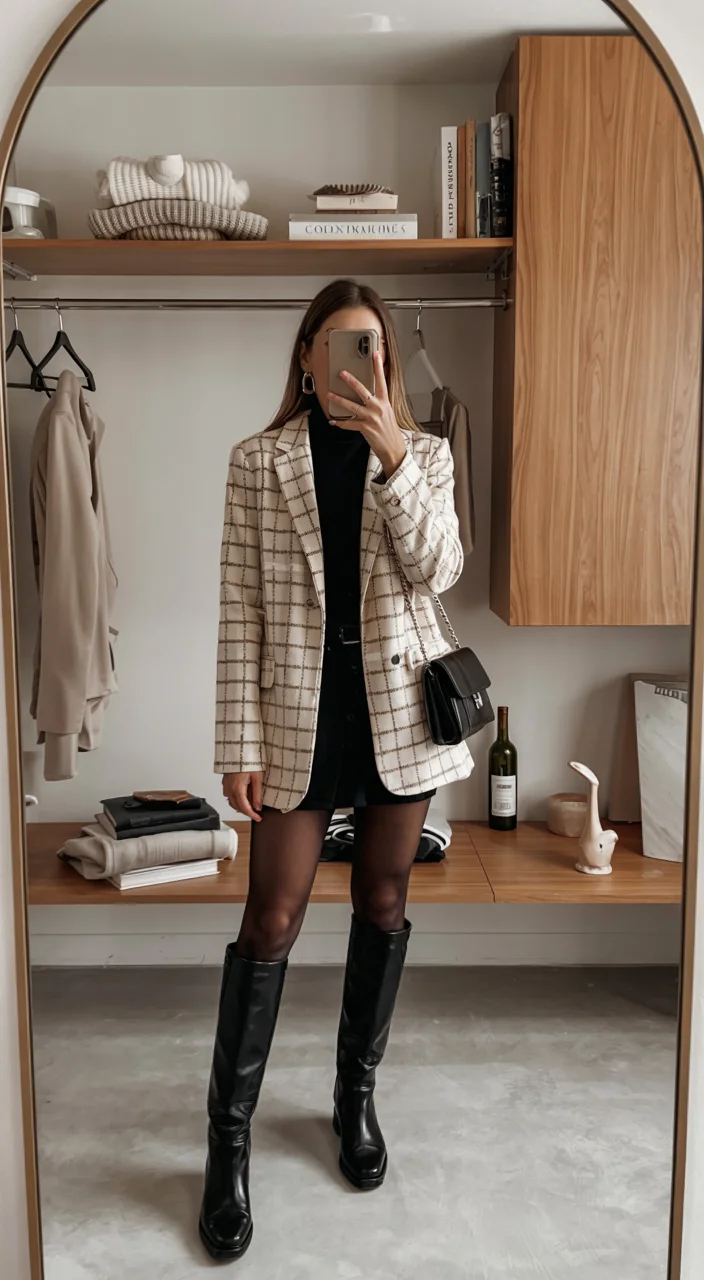 all outfits with boots 2026 Checked Blazer and Tall Black Boots