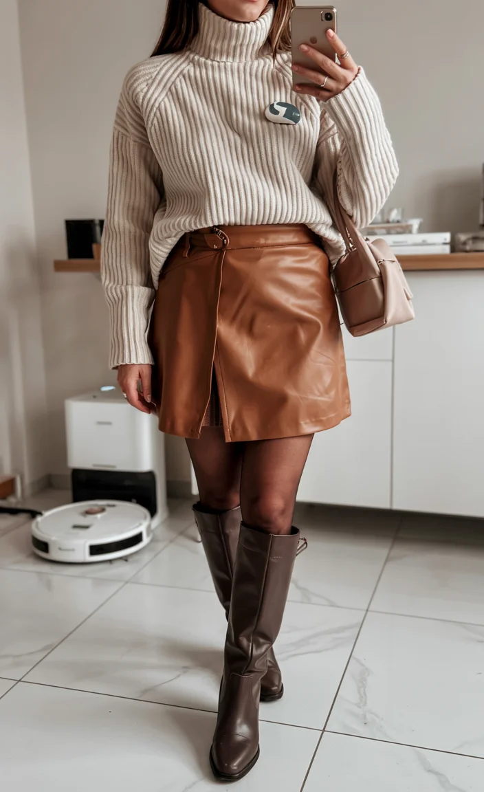 all outfits with boots 2026 Warm Neutrals with Brown Knee High Boots