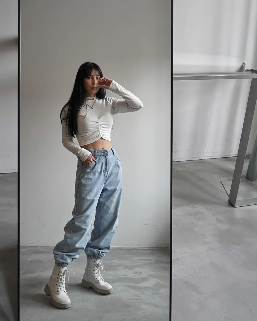 all outfits with boots 2026 White Lace Up Boots with Relaxed Denim