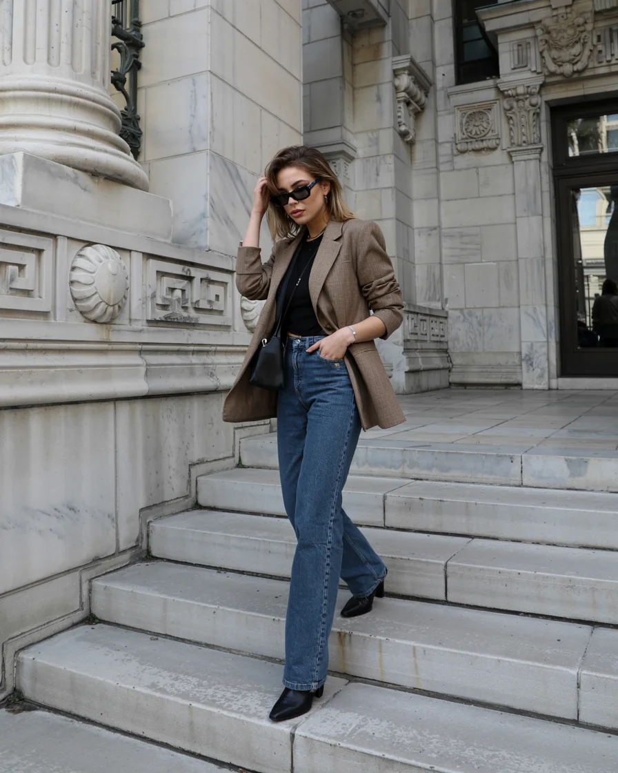 all outfits with boots 2026 Classic Blazer and Jeans with Ankle Boots