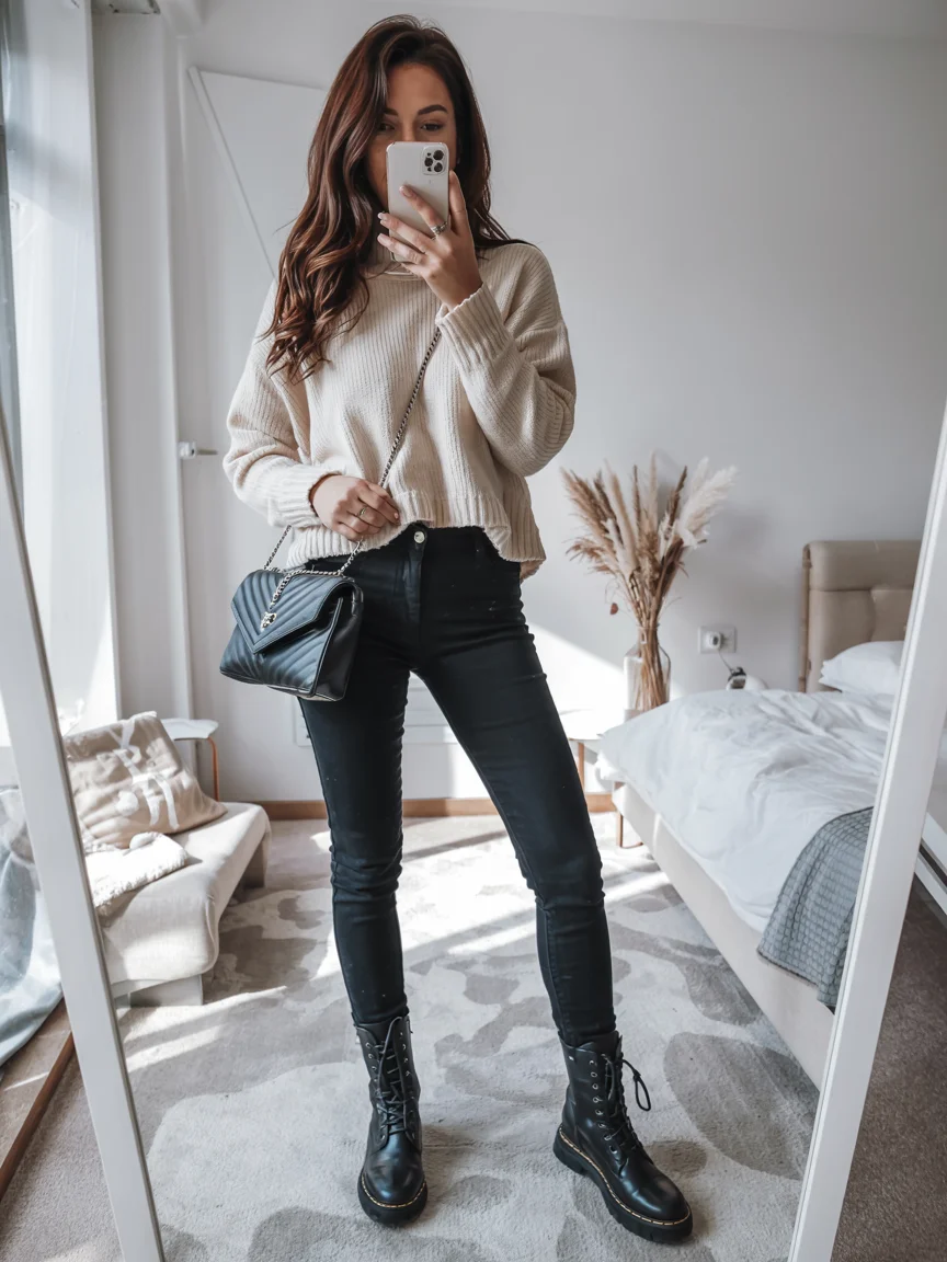 all outfits with boots 2026 Cozy Knitwear and Black Lace Up Boots