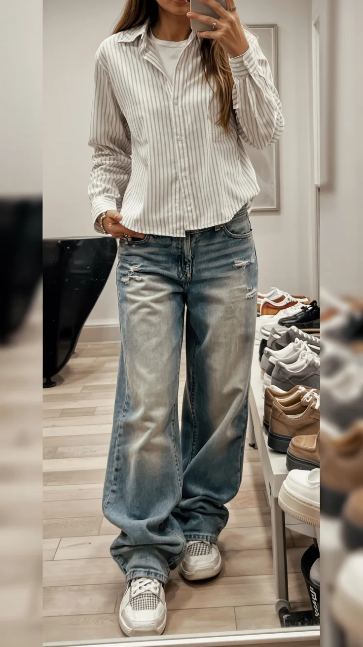 back to school outfits 2026 classic stripes and oversized denim done right