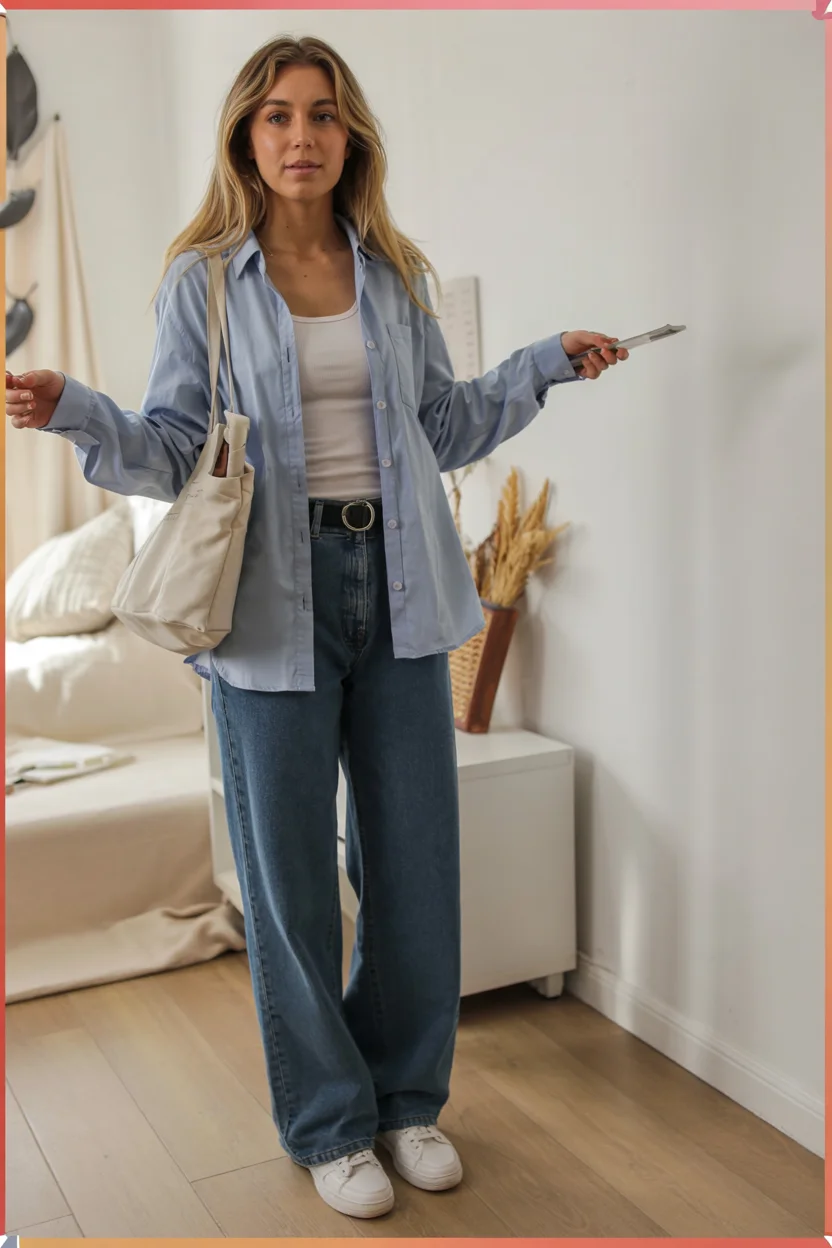back to school outfits 2026 oversized denim and soft blue shirt energy