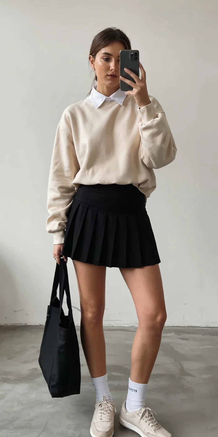 back to school outfits 2026 preppy minimalism with a pleated skirt