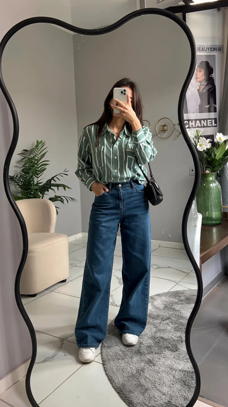 back to school outfits 2026 printed shirt and wide-leg jeans with streetwear ease