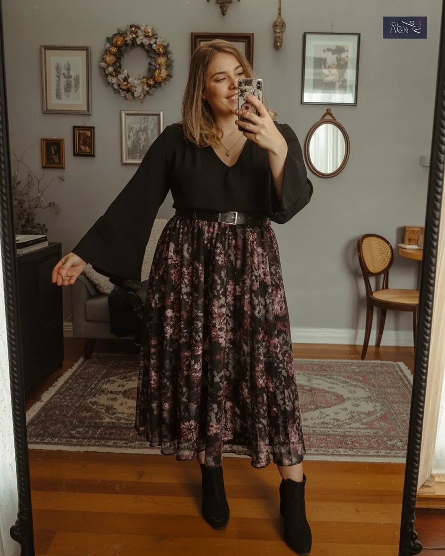boho chic outfits fall plus size Dark Florals with Soft Witchy Romance