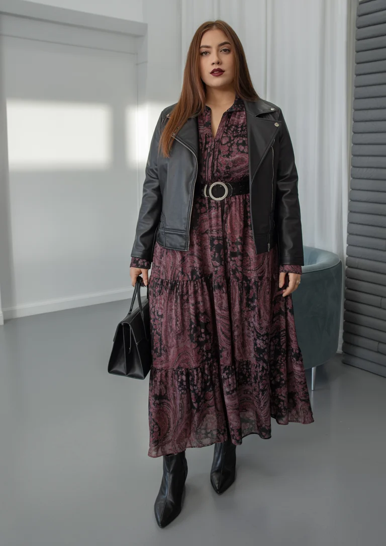 boho chic outfits fall plus size Leather Jackets Meet Romantic Maxi Dresses