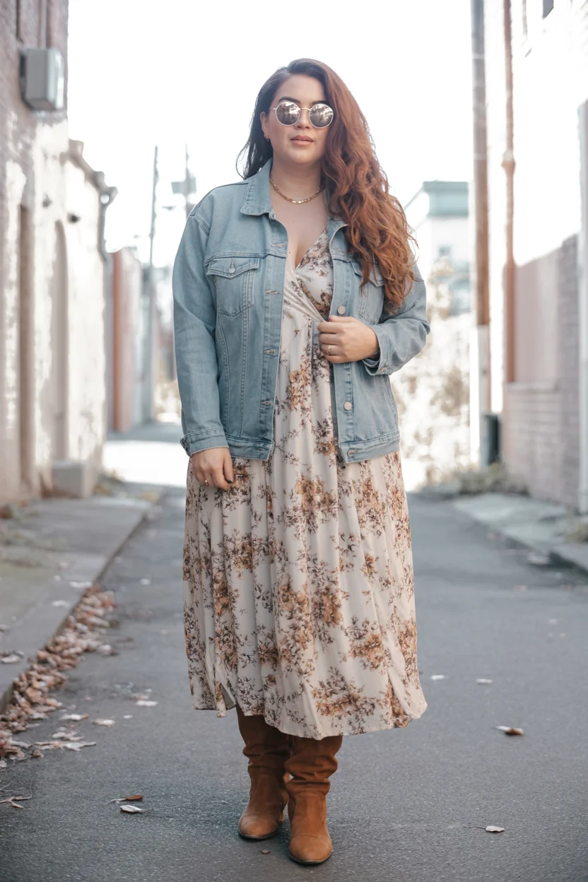 boho chic outfits fall plus size Denim Jackets with Romantic Floral Maxi Dresses