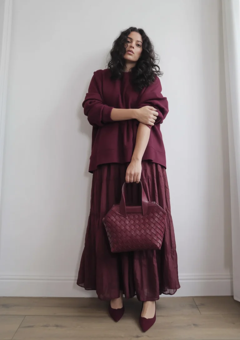 boho chic outfits fall plus size Monochrome Burgundy with Modern Boho Charm
