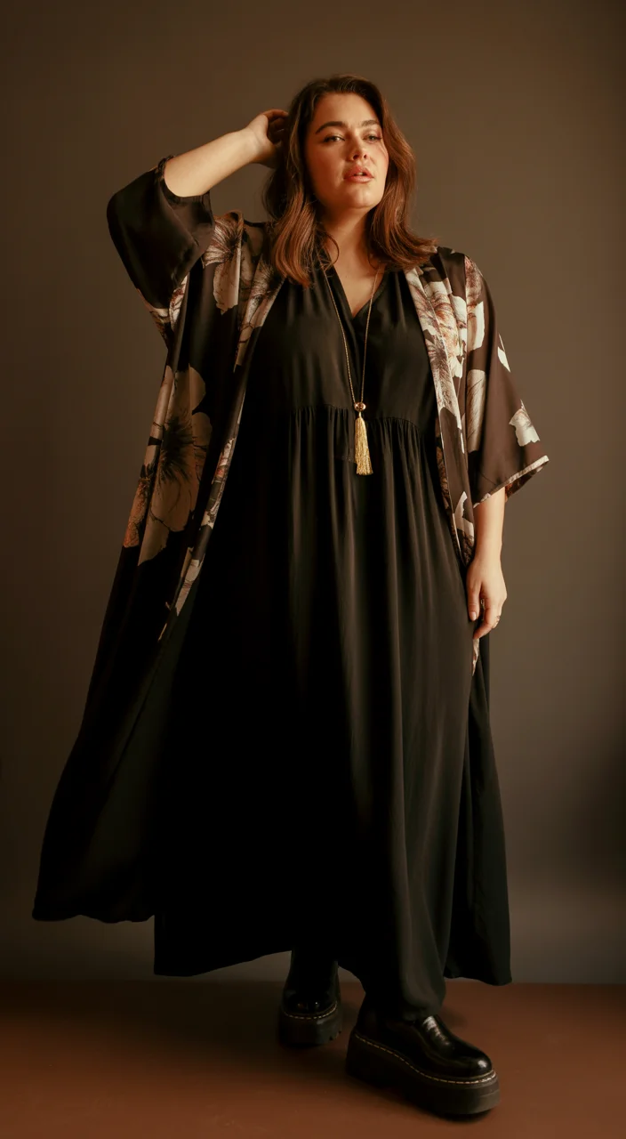 boho chic outfits fall plus size Dark Bohemian Drama with Flowing Silhouettes
