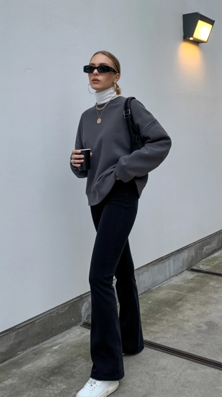 casual early fall outfits comfy 2026 Modern Minimalism with a Sweatshirt and Flared Pants