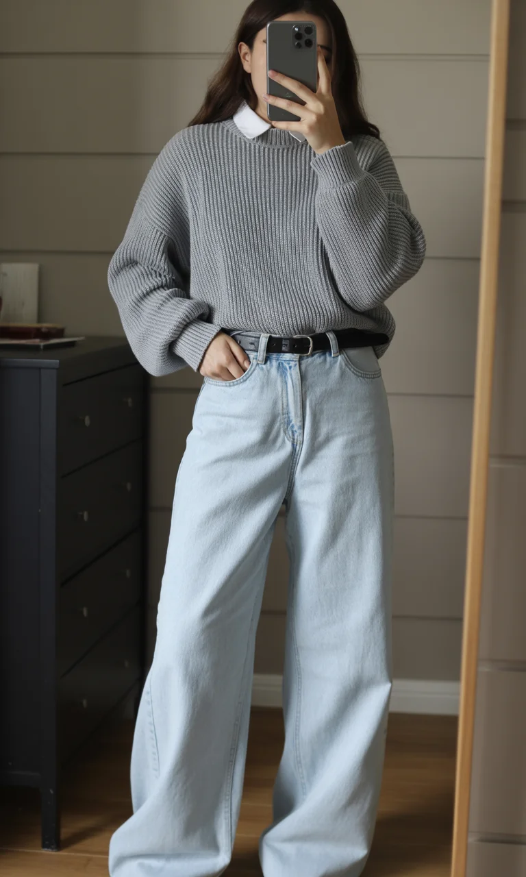 casual early fall outfits comfy 2026 Classic Knit Layers with Relaxed Wide Leg Jeans