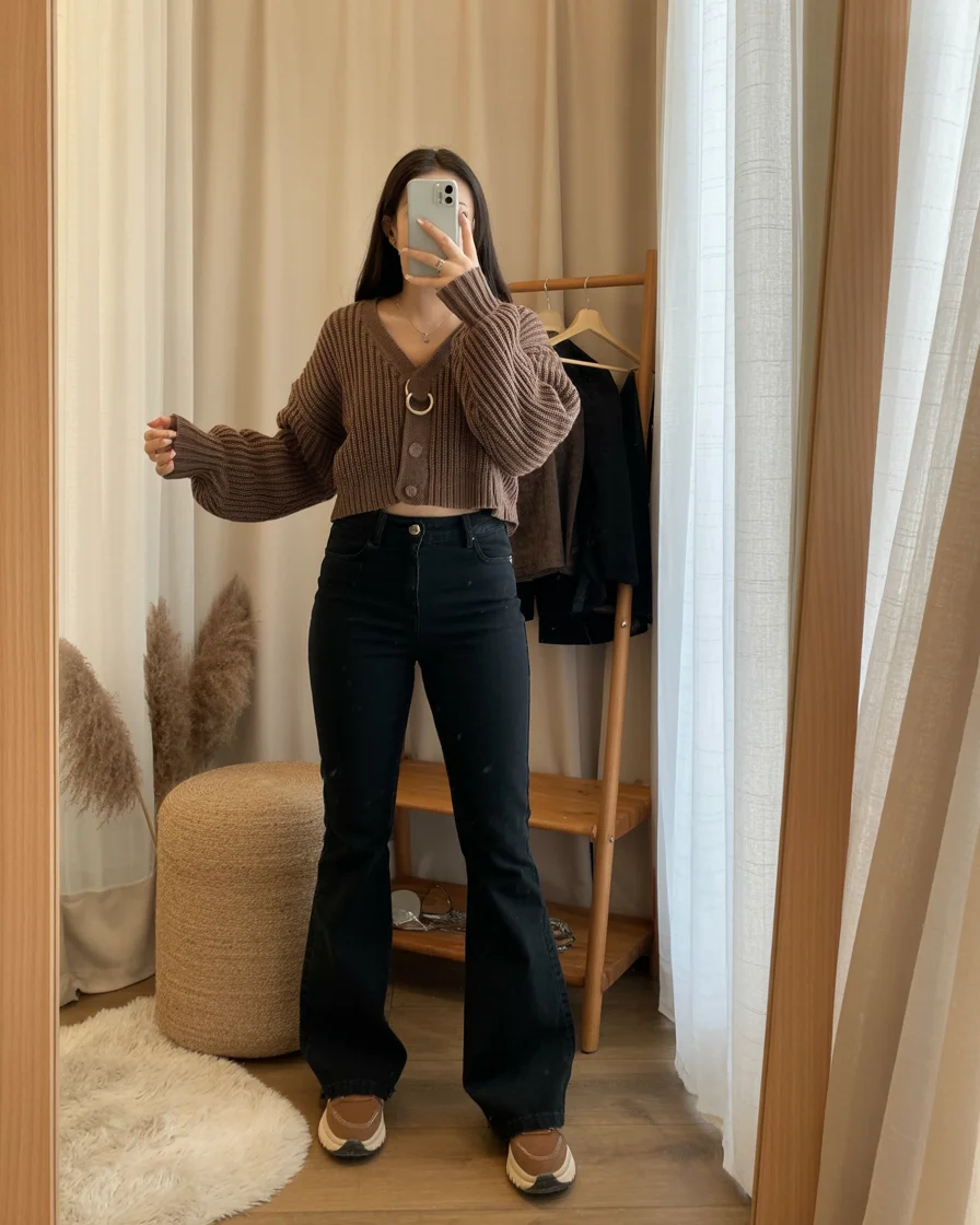 casual early fall outfits comfy 2026 Cropped Cardigans and Flared Jeans with Cozy Appeal