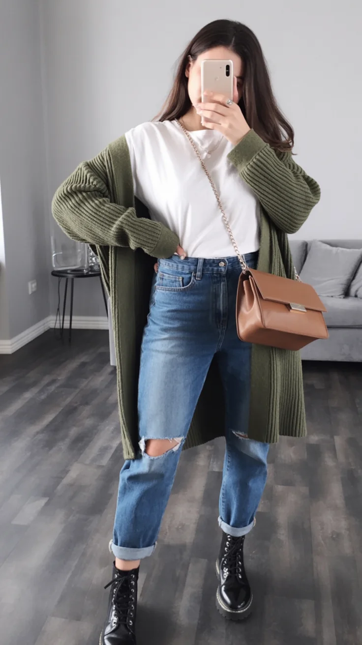 casual early fall outfits comfy 2026 An Olive Cardigan That Makes Denim Feel Sophisticated
