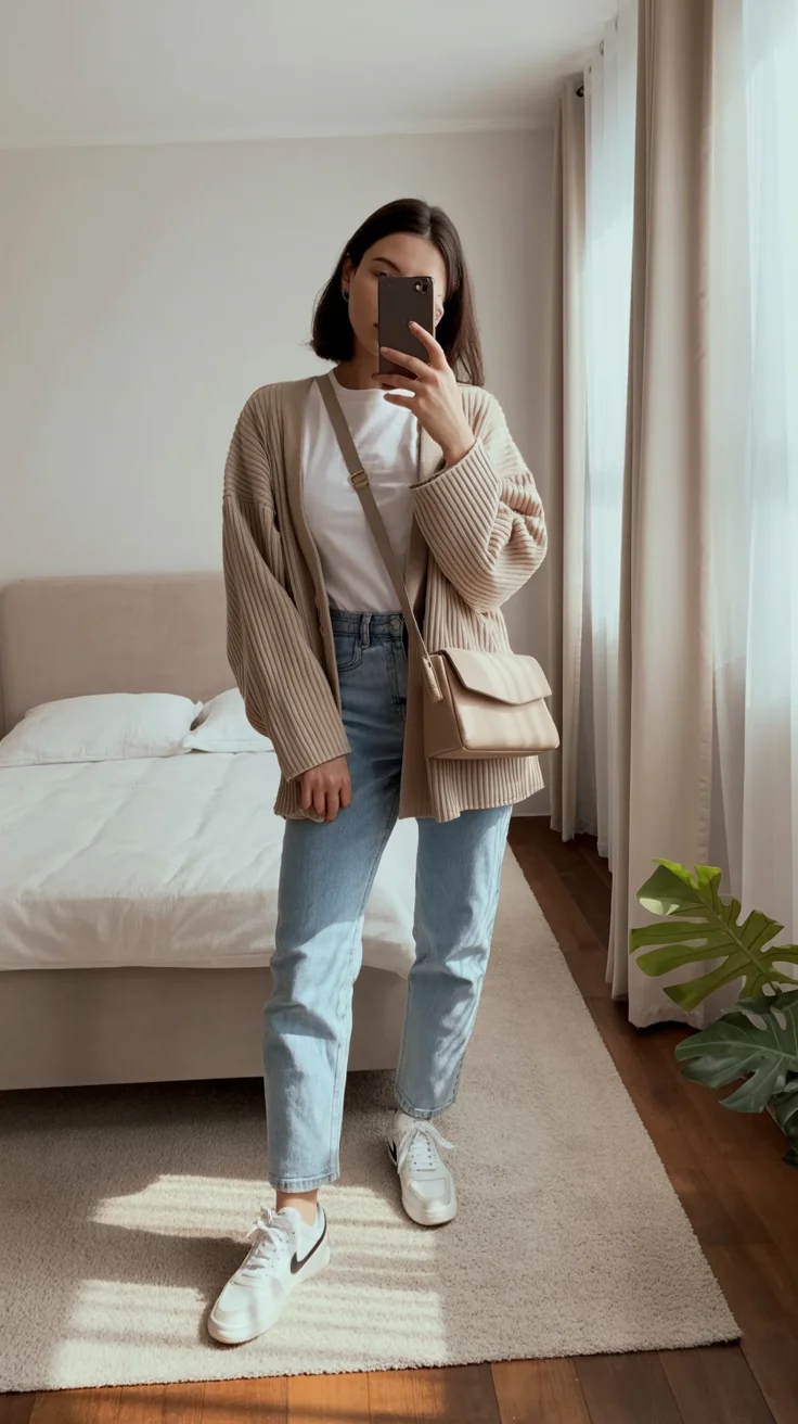 casual early fall outfits comfy 2026 Neutral Cardigans and Sneakers for Everyday Comfort