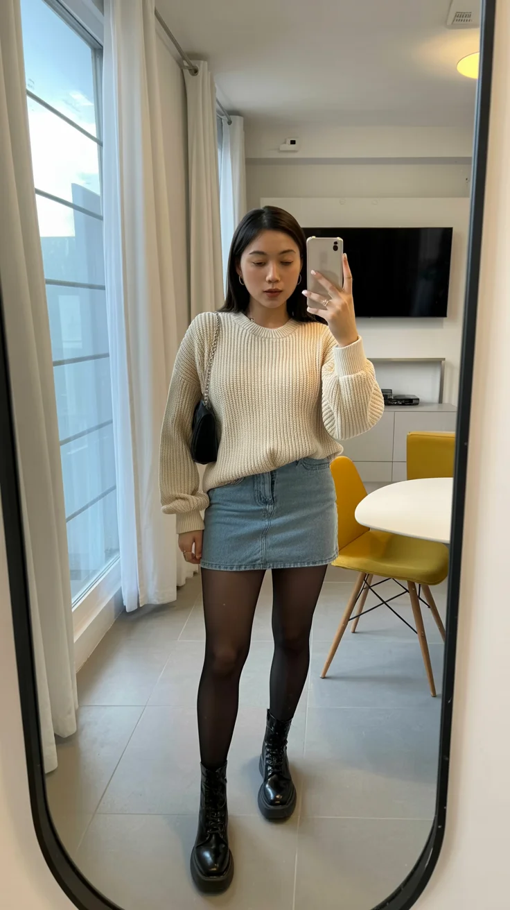 casual early fall outfits comfy 2026 Cozy Sweaters with Denim Minis for Transitional Weather