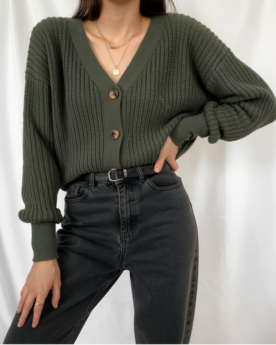 comfy fall outfits for office 2026 Olive Green Cardigan With Dark Denim Simplicity