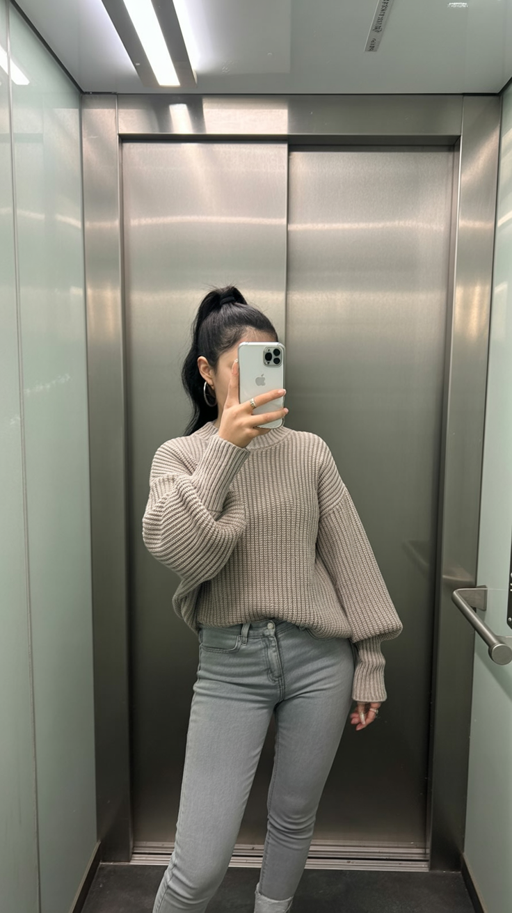 comfy fall outfits for office 2026 Soft Gray Sweater With Light Denim For Casual Fridays