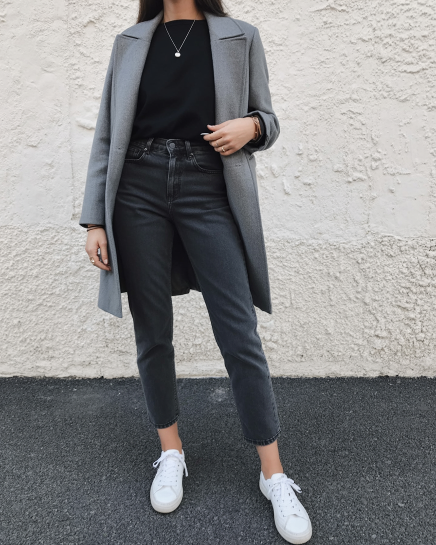 comfy fall outfits for office 2026 Gray Coat and Dark Denim For Everyday Office Confidence