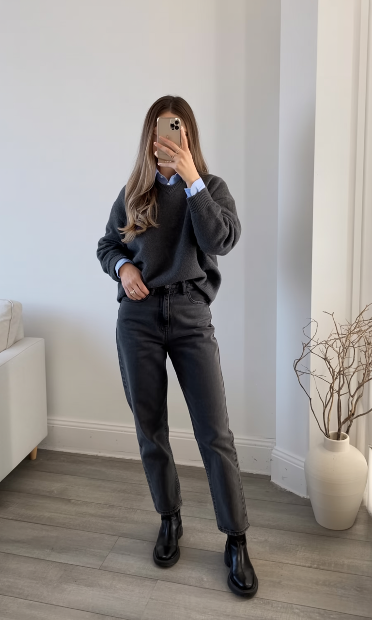 comfy fall outfits for office 2026 Layered Charcoal Knit With Timeless Dark Denim