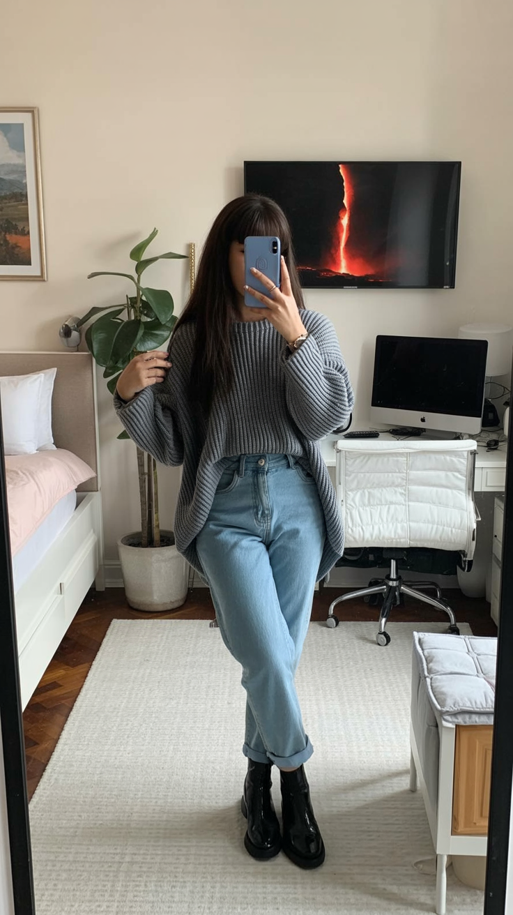 comfy fall outfits for office 2026 Relaxed Gray Sweater With Easy Light Wash Denim