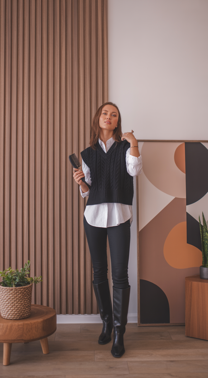 comfy fall outfits for office 2026 Preppy Sweater Vest With Timeless Riding Boots