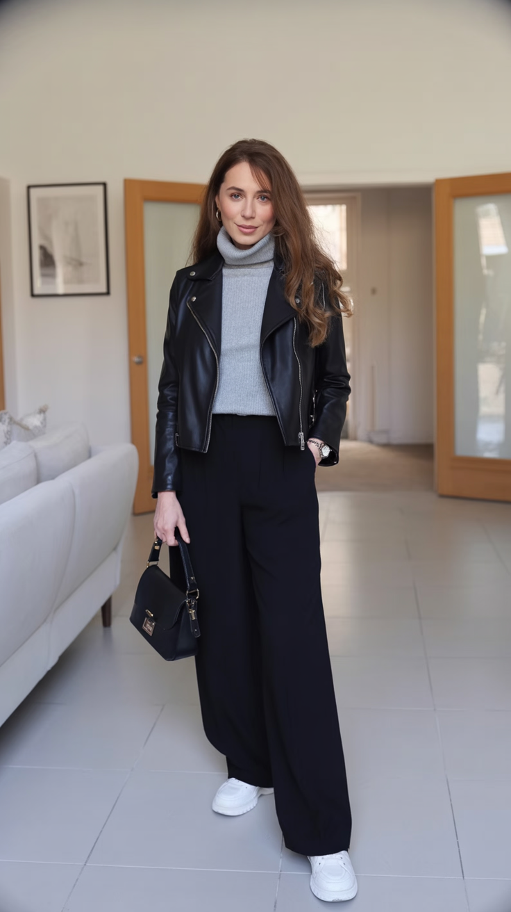 comfy fall outfits for office 2026 Leather Jacket and Wide Leg Trousers With Modern Balance