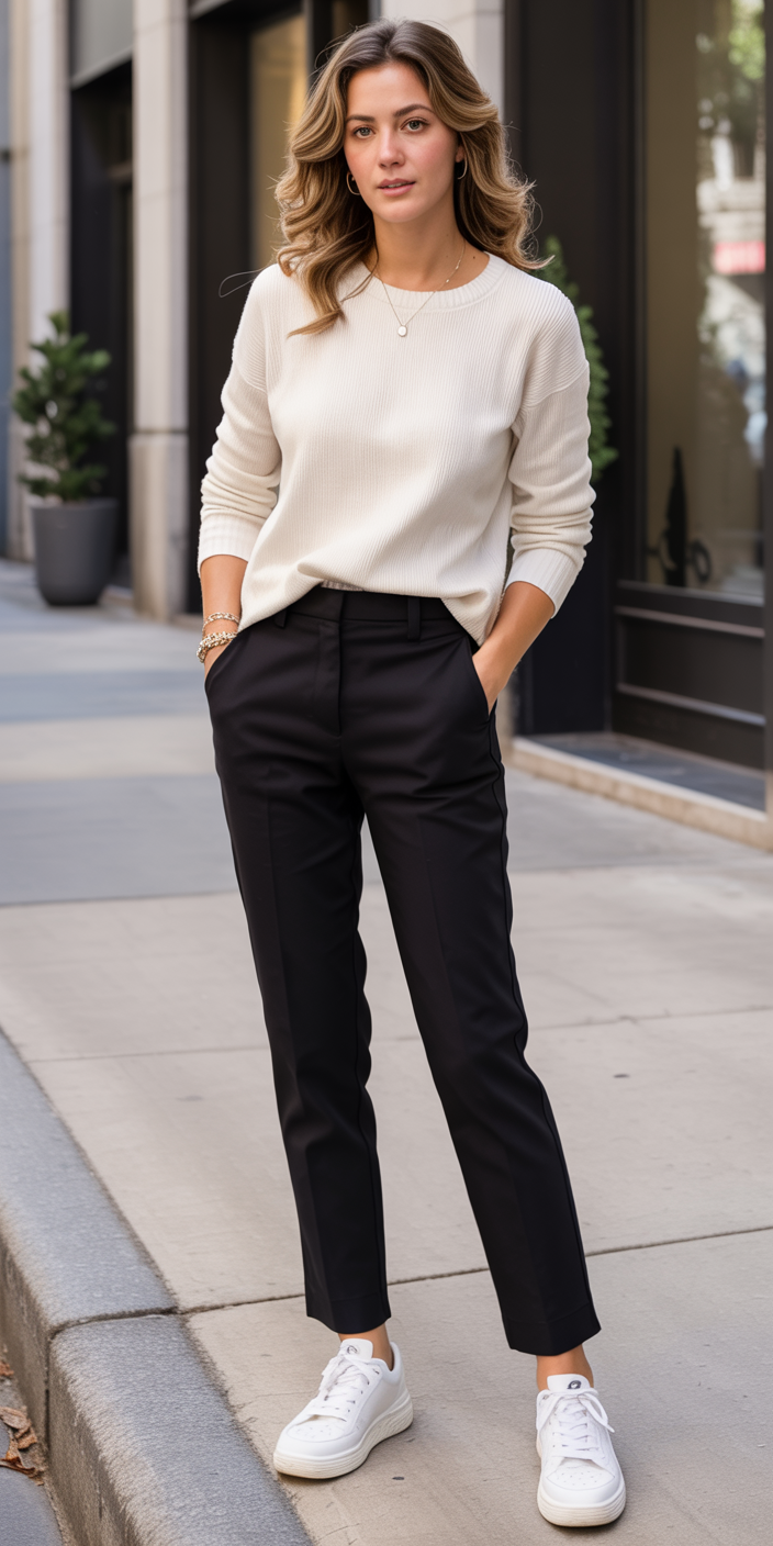 comfy fall outfits for office 2026 Minimal Business Casual With Sneakers That Actually Works