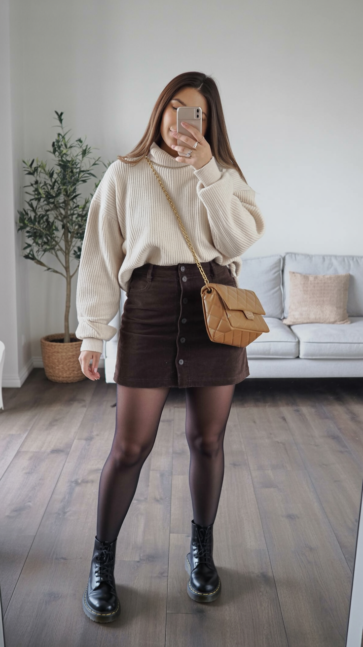 comfy fall outfits for office 2026 Cozy Sweater and Corduroy Skirt With Autumn Charm