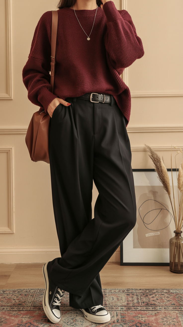 comfy fall outfits for office 2026 Rich Burgundy Knit With Tailored Wide Leg Trousers