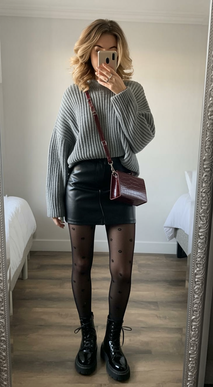 comfy fall outfits for office 2026 Modern Leather Mini Styled With Soft Knitwear