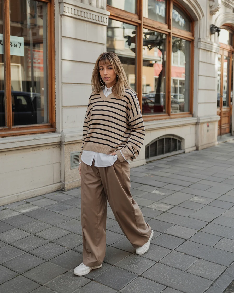 cozy chic fall outfits for 2026 Striped Knit and Tailored Ease