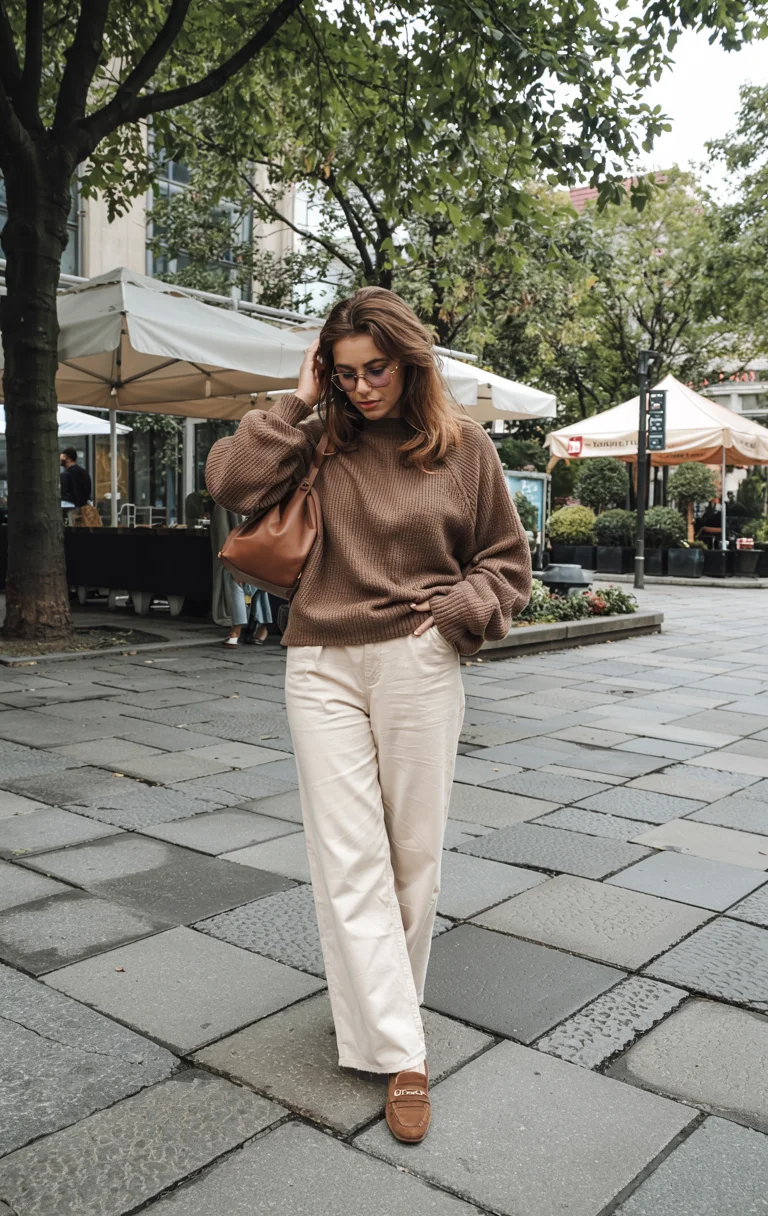 cozy chic fall outfits for 2026 Mocha Knitwear and Cream Trousers for Quiet Luxury