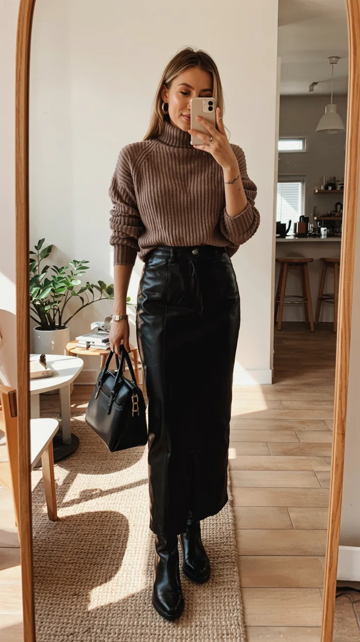 cozy chic fall outfits for 2026 Leather Skirt Styling With Modern Knit Layers