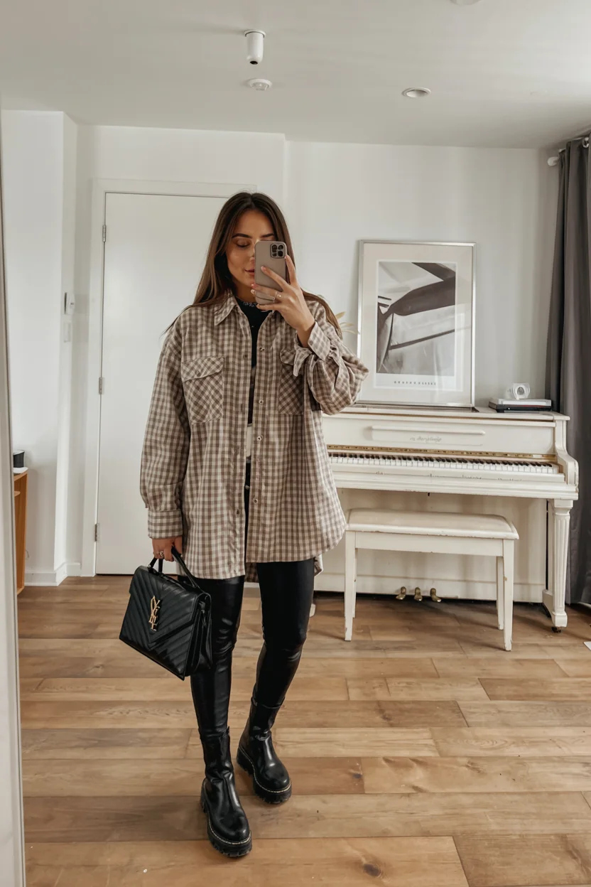 cozy chic fall outfits for 2026 Plaid Shacket and Leather Leggings for Everyday Edge