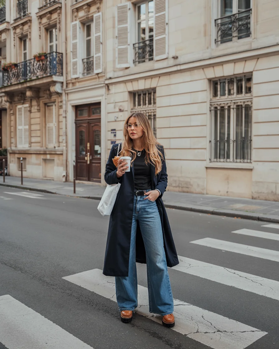 cozy chic fall outfits for 2026 Parisian Inspired Layers With Relaxed Denim