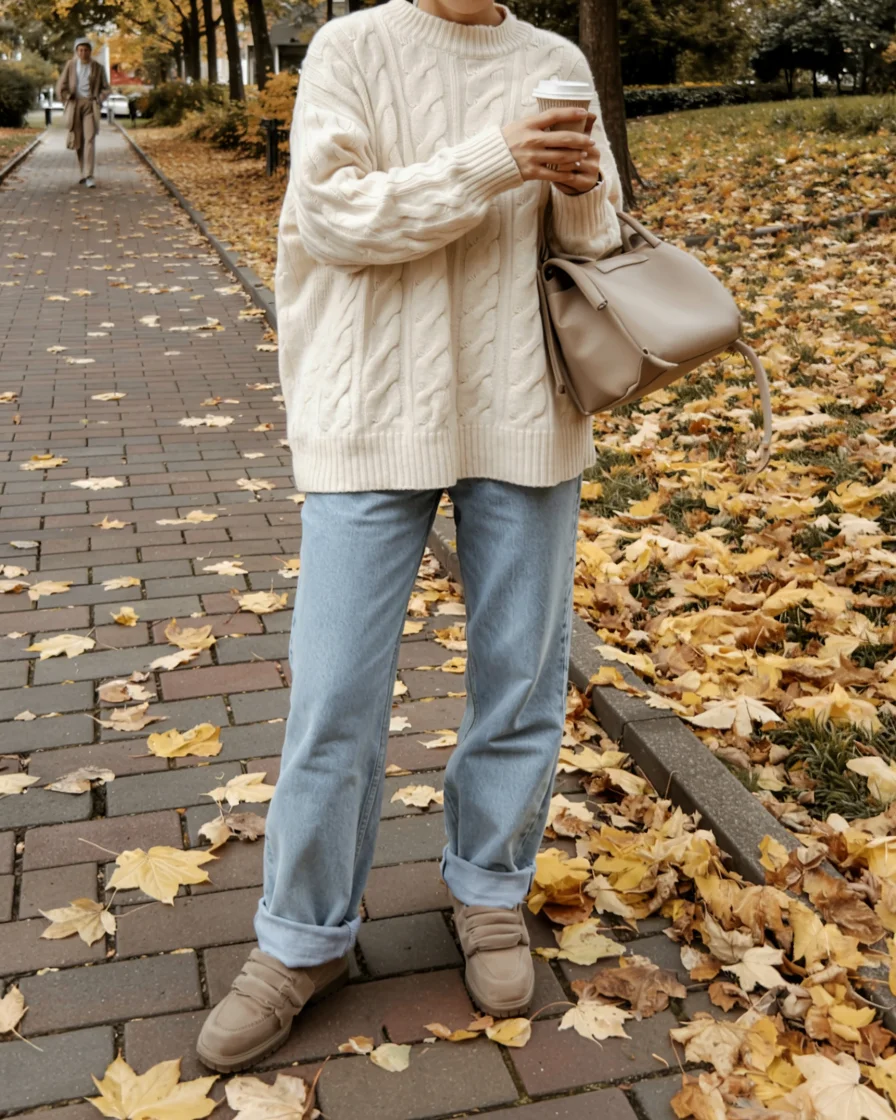 cozy chic fall outfits for 2026 Soft Cream Knit and Relaxed Denim