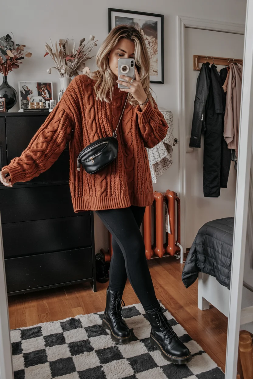 cozy chic fall outfits for 2026 Rust Knit and Black Leggings for Easy Cool Weather Days