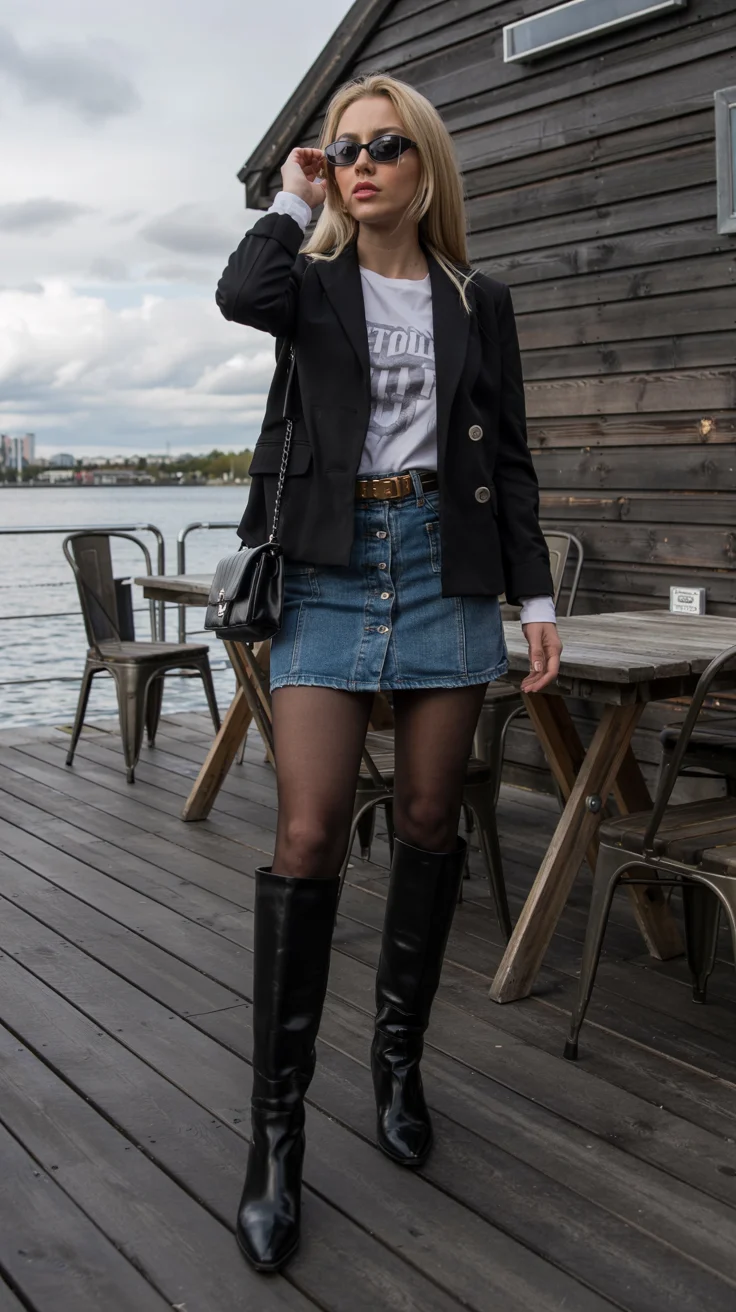 cute fall blazer outfits 2026 Black Blazer and Denim Mini for Weekend Style