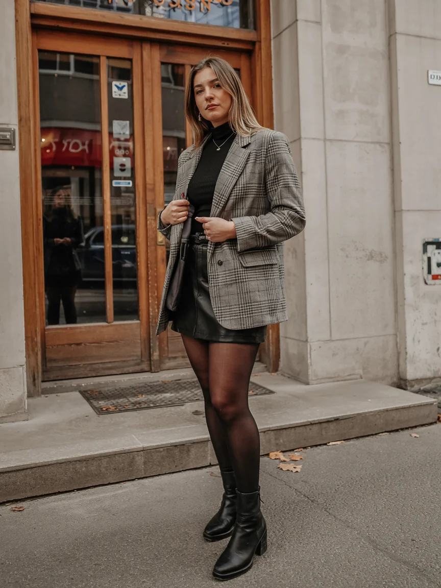 cute fall blazer outfits 2026 Grey Plaid Blazer With Leather Mini Styling