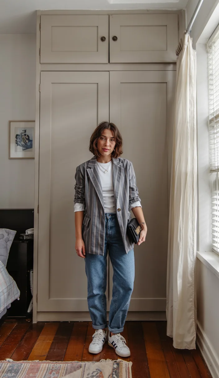 cute fall blazer outfits 2026 Striped Grey Blazer and Relaxed Denim Simplicity