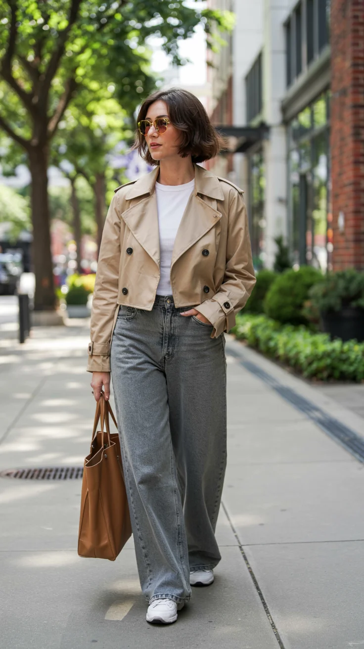 cute fall blazer outfits 2026 Cropped Beige Jacket and Wide Leg Denim Balance